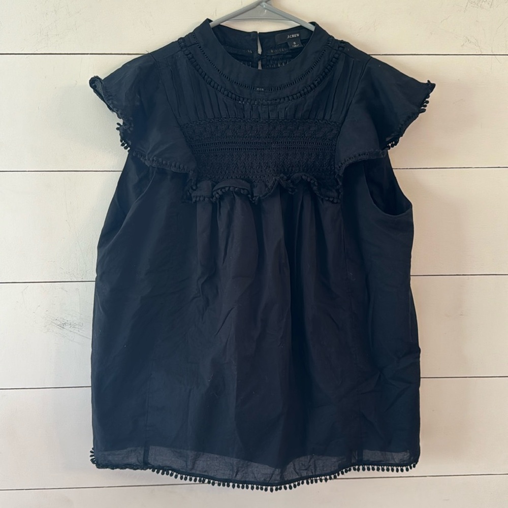 J.CREW Black Flutter Sleeve Crocheted Lace Cotton Short Sleeve Shirt Top Size S